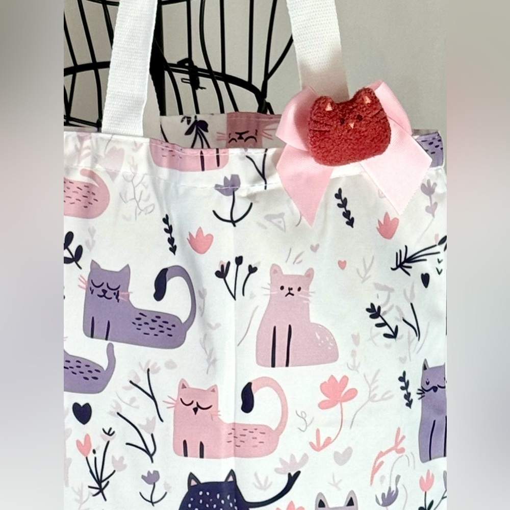 New Pink & Purple Cats Shopping Bag Purse Tote w/ Orange Cat Pin & Bow - 16”